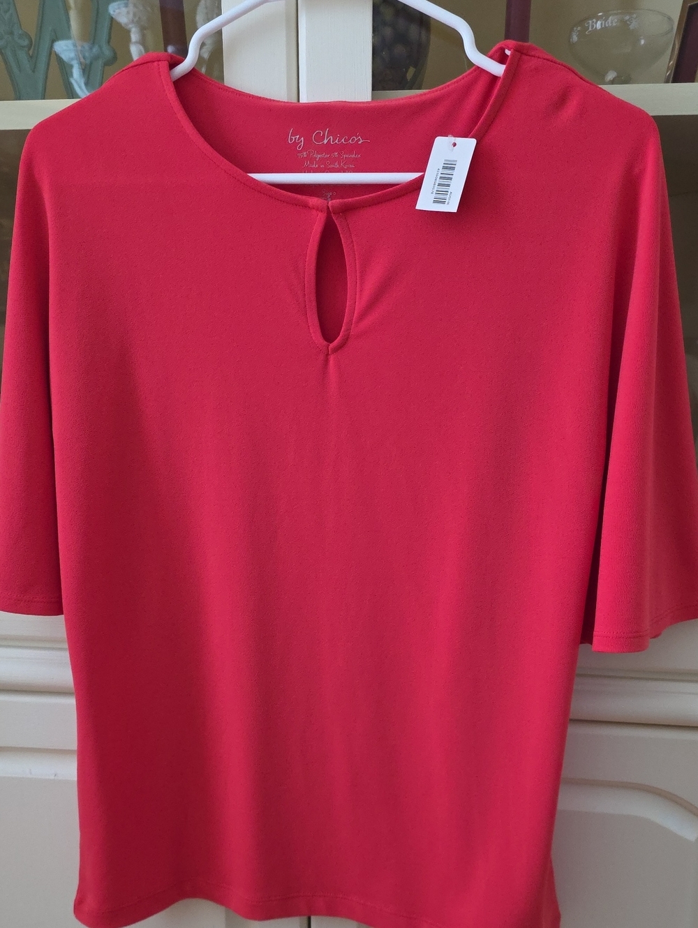 Chico's Short-Sleeve Keyhole Top in Bright Coral